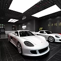 Professional Auto Service Store With Two White Sports Cars And Maintenance Equipment