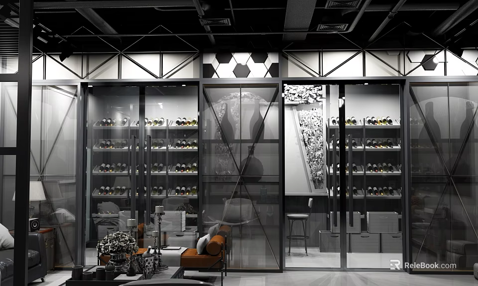 Modern Wine Cellar Interior With Glass Doors Metal Frames Wine Racks And Wine Bottles 3d model 