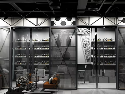 Modern Wine Cellar Interior With Glass Doors Metal Frames Wine Racks And Wine Bottles 3d model