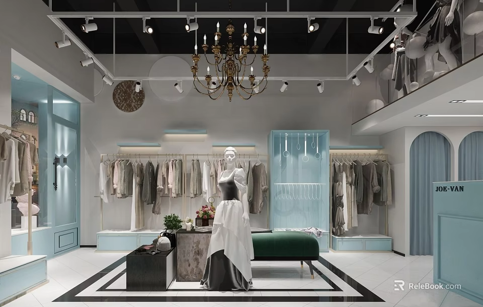 Stylish Clothing Store Interior With Chandelier Mannequin Hanging Apparel And Green Bench 3d model 