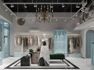 Stylish Clothing Store Interior With Chandelier Mannequin Hanging Apparel And Green Bench 3d model