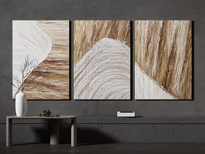 Contemporary Abstract Triptych Paintings With Beige Brown Wavy Texture On Grey Wall 3d model