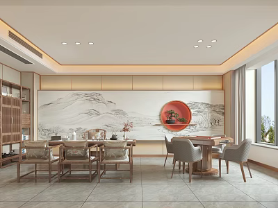 Hotel Mahjong Room in Chinese Style with Landscape Painting Wooden Furniture and Red Circular Decoration 3d model