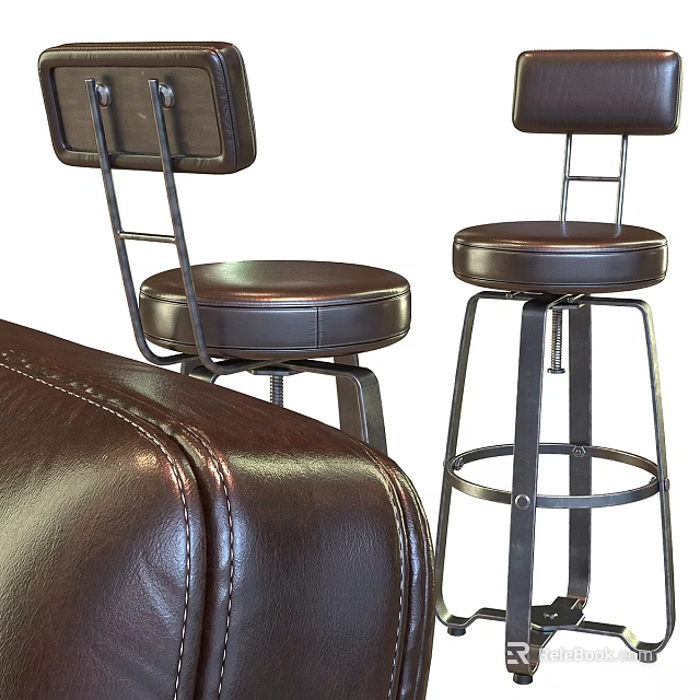 Brown Leather Bar Stools With Metal Frame And Backrest For Home Bar Setting 3d model 