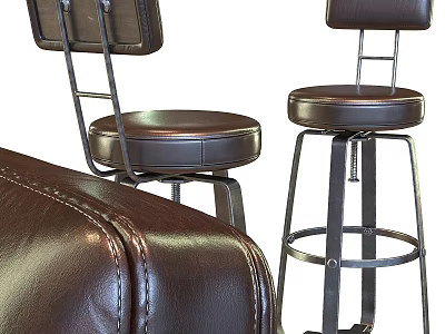 Brown Leather Bar Stools With Metal Frame And Backrest For Home Bar Setting 3d model