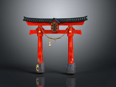 Traditional Japanese Torii Gate With Red Pillars Black Roof And Hanging Bell 3d model