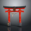 Traditional Japanese Torii Gate With Red Pillars Black Roof And Hanging Bell