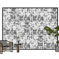 Stylish Interior Decor With Gray Patterned Wall Rattan Chair And Green Plants