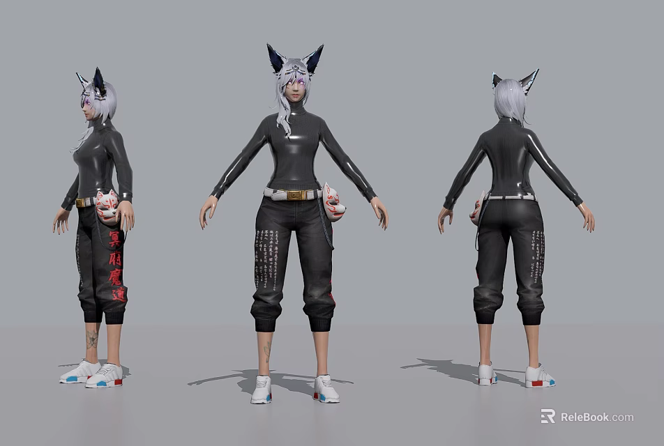 Game Film Character 3D Model With Cat Ear Black Outfit Multiple Angles View 3d model 