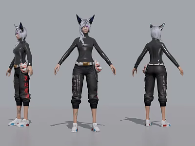 Game Film Character 3D Model With Cat Ear Black Outfit Multiple Angles View 3d model