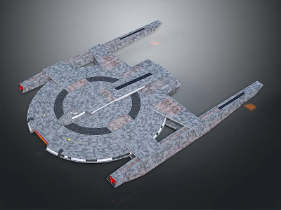3D Aerospace Model of Cosmic Space Station with Circular Structure Extended Arms and Textured Surface 3d model