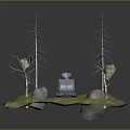 Military Vehicle in Grassland Terrain with Satellite Antenna Surrounded by Trees and Rocks