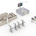 Display Equipment Setup With Showroom Counters Digital Screens Human Figures And Self Service Devices