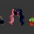 Cartoon Character Heads With Wing Decorations Cat Ear Long Hair And Bird Beak Design