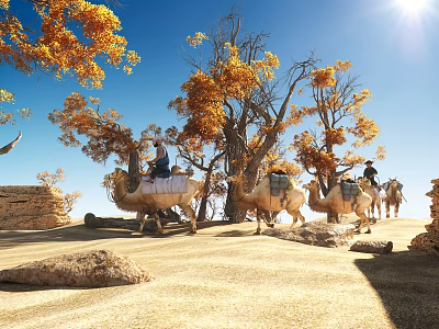 Desert Trees With Yellow Leaves Camel Caravan People Riding Camels Blue Sky Sunshine And Rocks 3d model