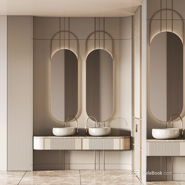 Modern Luxury Bathroom Vanity With Double Basins And Oval Mirrors Design 3d model