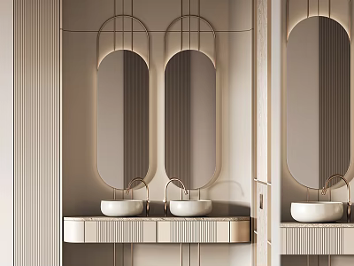 Modern Luxury Bathroom Vanity With Double Basins And Oval Mirrors Design 3d model