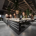 Modern Restaurant Interior Design With Textured Rock Wall Water Fountain And Green Plants