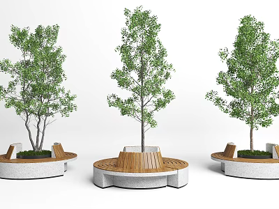 Modern Tree Planter Design With Wooden Seats Stone Structure And Green Trees 3d model