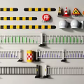 Traffic Safety Railings With Warning Signs Traffic Cones Red And White Barrels And Decorative Strips