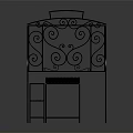 Decorative Metal Structure With Ornate Curved Scroll Ironwork Top Shelf And Lower Shelving