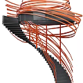 Modern Artistic Spiral Staircase With Orange Spiral Structure And Dark Steps Design