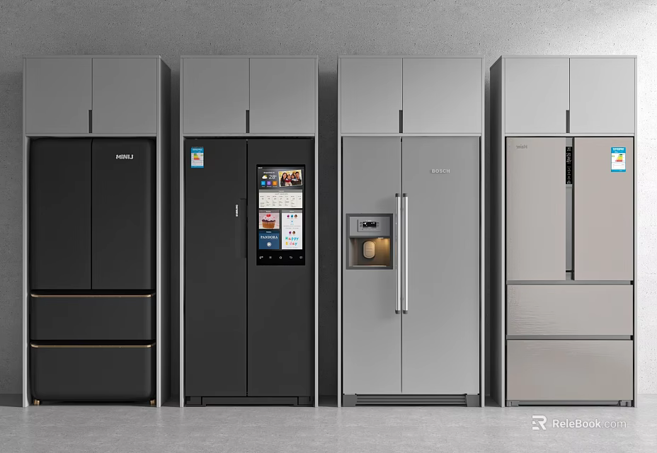 Modern Refrigerators with Various Styles and Colors Displayed Side by Side 3d model