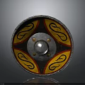 Traditional Shield Sculpture Featuring Intricate Carving Yellow Black Pattern And Red Curved Motifs