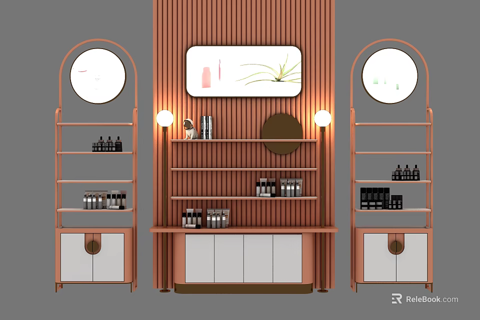 Modern Wooden Display Shelves With Round Mirrors Wall Lights And Skincare Bottles 3d model 