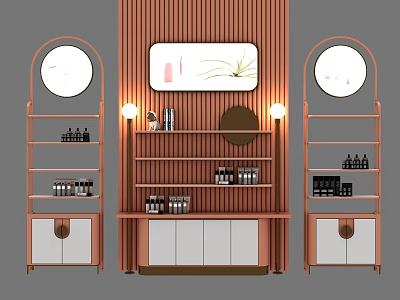 Modern Wooden Display Shelves With Round Mirrors Wall Lights And Skincare Bottles 3d model