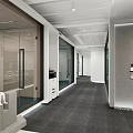 Modern Public Office Space With Red Padded Wall And Gray Carpet Reception Desk