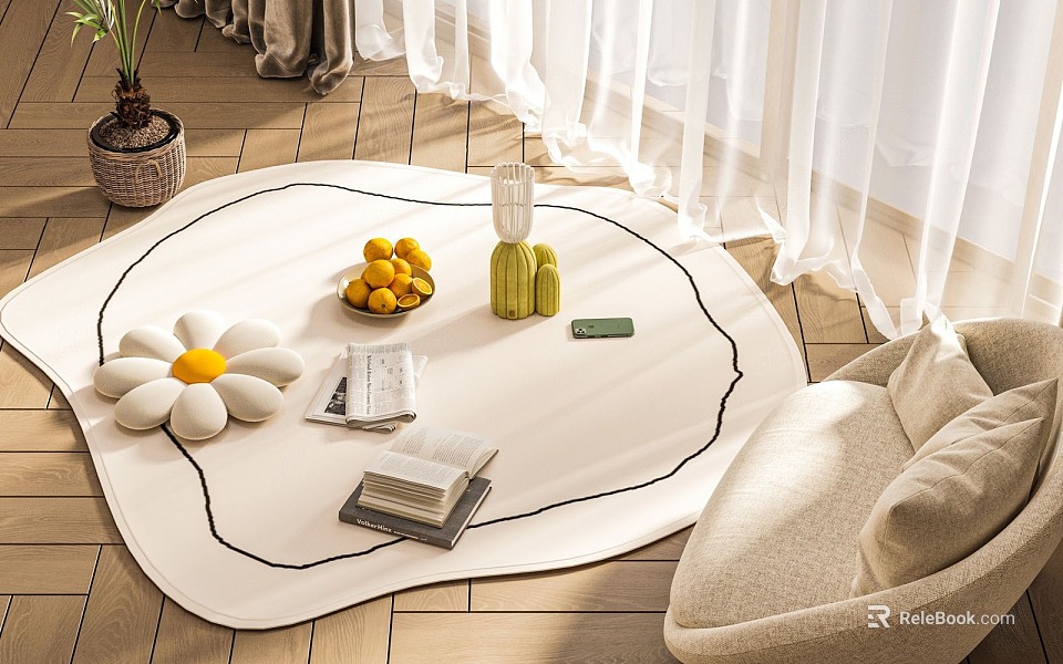 White Round Styled Rug With Black Border Flower Fruit Bowl And Books On Wooden Floor 3d model 