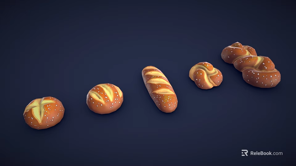 Assorted Fresh Breads With Sesame Seeds Braided Design Long Loaf And Round Shapes 3d model 