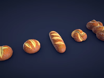 Assorted Fresh Breads With Sesame Seeds Braided Design Long Loaf And Round Shapes 3d model
