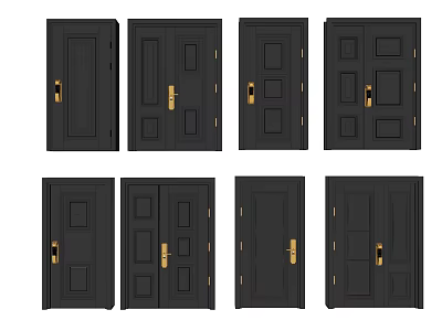 Black Modern Security Doors With Golden Handles And Various Design Styles 3d model