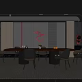 Modern Dark Restaurant Interior With Long Dining Table Red Decor And Wooden Walls