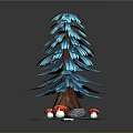 Decorative Wooden Tree Sculpture With Blue Leaves Red Mushrooms And Green Base