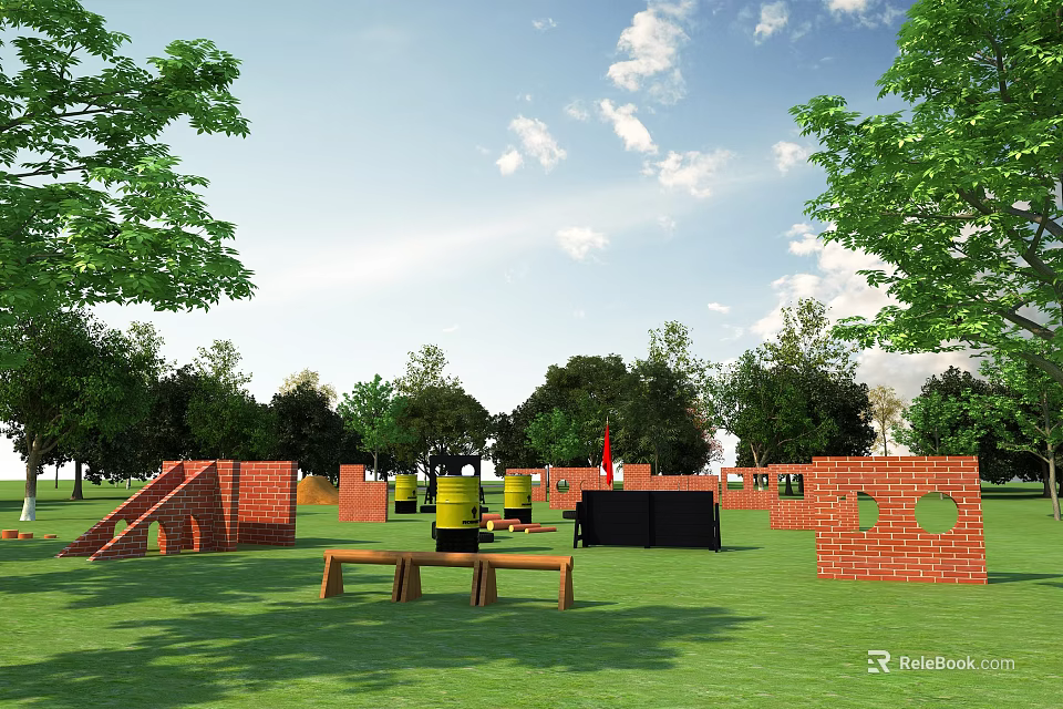 Outdoor Kids Playground with Red Brick Climbers Yellow Barrels Black Canopy Green Lawn Trees Benches 3d model 