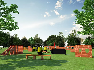 Outdoor Kids Playground with Red Brick Climbers Yellow Barrels Black Canopy Green Lawn Trees Benches 3d model
