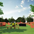 Outdoor Kids Playground with Red Brick Climbers Yellow Barrels Black Canopy Green Lawn Trees Benches