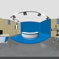 Professional Broadcasting Studio Setup With Blue Backdrop Presenter Desk Camera Tripod Lighting And Control Monitor