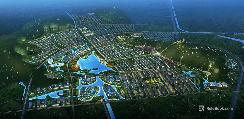 Bird's Eye View Urban Planning With Water Bodies Buildings Road Networks And Green Spaces 3d model 