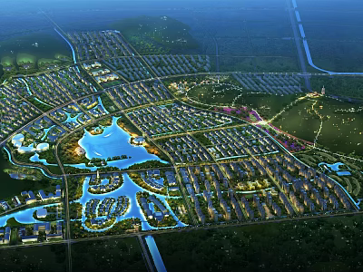 Bird's Eye View Urban Planning With Water Bodies Buildings Road Networks And Green Spaces 3d model