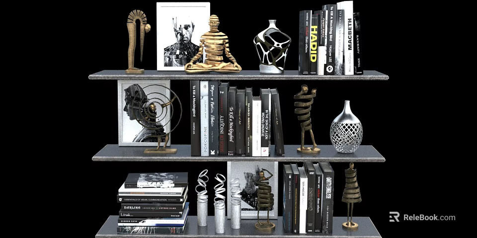 Decorative Ornament Set With Sculptures Abstract Vases And Books On Multi tiered Shelf 3d model 