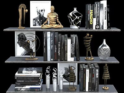 Decorative Ornament Set With Sculptures Abstract Vases And Books On Multi tiered Shelf 3d model