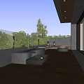 Modern Garden Terrace With Fire Pit Benches Lantern And Lush Green Plants