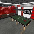 Modern Billiard Room Interior Design With Green Table Red Decor Carpeted Floor And Digital Clock 3d model
