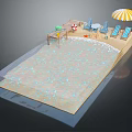 Playful Cartoon Beach Scene With Sand Water Umbrella Beach Chairs And Lifebuoy 3d model