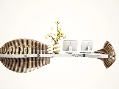 Modern Reception Desk With Wooden Striped Design Logo Computers And Yellow Flower Vase 3d model