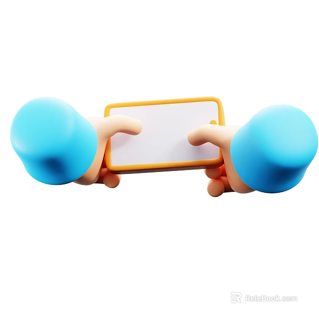 Blue Cartoon Hands Holding Yellow Bordered White Electronic Tablet Device 3d model 